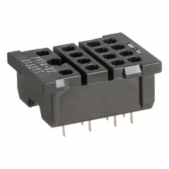 This 14-pin relay socket from OMRON is rated for 3 A and supports both DIN-rail and surface mounting. It is used in industrial control panels to facilitate wiring and relay replacement in automation, HVAC, and process control systems.