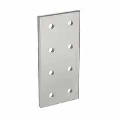 Rectangular flat plate connector for 40 Series aluminum framing systems. Measures 156 mm x 76 mm x 6 mm with 8 holes for 8 mm slot width profiles. Made of anodized aluminum. Used to create rigid right-angle connections in structural frames, machine guards, workstations, and conveyor systems.
