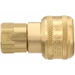 Brass quick-connect coupling body for pneumatic systems. Features 1/8"-27 female thread and 1/4" female hose fitting. Push-to-connect locking type enables tool-free connections. Suitable for compressed air lines and fluid transfer in industrial maintenance and manufacturing environments.