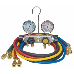 Analog manifold gauge set with four valves and four hoses for use with R-12, R-22, and R-502 refrigerants. Features 2 3/4-inch gauges with SAE hose connections, a sight glass, gauge boots, and a hanging hook. Suitable for pressure measurement and adjustment in HVAC and refrigeration systems.