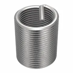This screw-locking tanged helical insert is used to repair or reinforce threads in metal components. It features a 1"-14 fine thread, 1 1/2 in overall length, and a tensile strength of 200,000 to 250,000 psi. Made from 18-8 stainless steel with a plain finish, it requires an STI tap size of 1"-14 and is compatible with metal substrates.