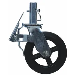 This cast iron caster in silver finish is designed for use with scaffolding systems. It includes a snap pin for secure attachment to scaffold legs, providing mobility and stability during construction, maintenance, or industrial tasks. Compatible with manufacturer model number 6004-02552.