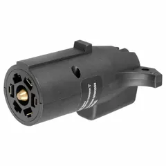 Plastic adapter converts a 7-way blade vehicle socket to a 4-way flat or 5-way flat trailer plug. Overall length 4 in. Used for connecting trailers with different wiring configurations to a tow vehicle.