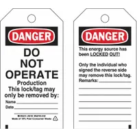 BRADY Lockout Tag: Danger, Danger Do Not Operate, Heavy Duty Polyester, Date/Name/Remarks, English (MPN 133552)
