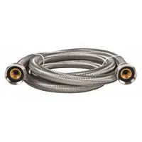 This washing machine connector is a 5 ft hose with a PVC tube and stainless steel cover, rated for 250 psi and temperatures from 40° to 180°F. It is used to supply hot or cold water to washing machines in residential and commercial laundry applications