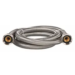 This washing machine connector is a 5 ft hose with a PVC tube and stainless steel cover, rated for 250 psi and temperatures from 40° to 180°F. It is used to supply hot or cold water to washing machines in residential and commercial laundry applications.