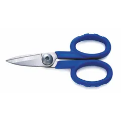 These plastic-handle scissors feature 5 1/2-inch partially serrated, pointed steel blades with a blue finish. Designed for right-hand use, they are suitable for cutting various materials in general workshop and textile applications.