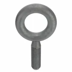 Steel machinery eye bolt without shoulder, hot-dip galvanized for corrosion resistance. Thread size 3/8"-16 with 1 1/4 in thread length. Nut not included. Used for lifting and rigging applications requiring straight vertical pull.