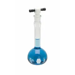 This 10 mL glass volumetric flask features a conical shape and colorless body. It meets USP Type I specifications and has a tolerance of +/-0.02 mL. The flask is compatible with stopper size 9 and includes a closure. Used for precise liquid measurement and preparation of standard solutions in analytical chemistry and laboratory settings.