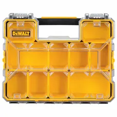Plastic small parts compartmented box with 10 removable cups for organizing screws, nuts, bolts, and other small hardware. Overall dimensions 17-1/2 in x 14 in x 4-1/2 in; compartment size 17-2/5 in x 13-23/25 in x 4-9/16 in. Color black/yellow, not electrostatic discharge conductive.