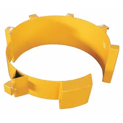 Metal adapter for vertical lifting of 30-gallon drums. Steel body with yellow finish. Rated for 545 lb weight capacity. Used with forklifts or hoists in industrial and warehouse settings.