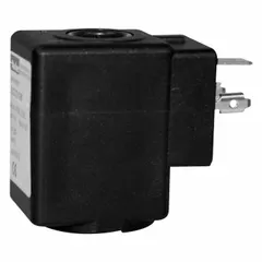 This 240V solenoid valve coil features a watertight enclosure and DIN electrical connections. It is used to actuate solenoid valves in industrial fluid and gas control systems, suitable for washdown environments and process automation.
