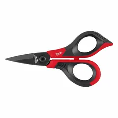 Manual-opening shears with a serrated, pointed steel blade in black/red finish. Overall length of 3 1/4 inches. Ambidextrous design accommodates left- and right-handed users. Suitable for cutting cabling materials in electrical, telecom, and industrial applications.