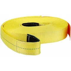 This LIFT-ALL tow strap is a 30 ft long, 2 in wide, 1-ply polyester strap with eye attachments on both ends. It is rated for heavy-duty towing and recovery of vehicles and equipment. The yellow color aids visibility during use.