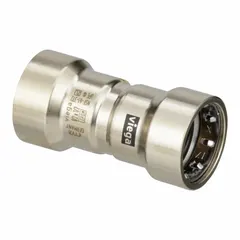 This bronze coupling body is part of the MegaPress® series, designed for connecting copper or bronze press tube fittings to pipe of dissimilar materials. It joins 1/2 in CTS to 1/2 in Pipe size, providing a reliable joint without soldering. Used in plumbing and mechanical systems for transition applications.