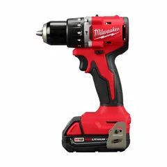 Compact cordless hammer drill/driver kit operating on 18V DC. Features a 1/2 in chuck, two-speed gearbox, and 3/8 in concrete drilling capacity. Suitable for drilling into concrete, masonry, wood, and metal in construction and general maintenance tasks.