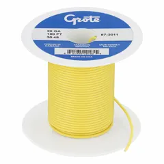 This 100 ft spool of 20 AWG yellow primary wire features a single conductor with PVC insulation rated for 60 V. Suitable for low-voltage circuits in vehicles, trailers, and marine applications, it is used for general-purpose wiring such as lighting, gauges, and accessories.