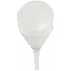 This spout funnel is constructed of white polyethylene with a 120 fl oz fluid capacity and an 8 in overall diameter. It includes a removable 100 grit (fine) mesh filter for straining fluids during transfer. Commonly used for filling fuel tanks, oil reservoirs, and coolant systems in vehicles and machinery.