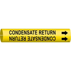 Yellow snap-on pipe marker with black legend reading 'Condensate Return' and directional arrows. Fits pipe outer diameters from 2-1/2 to 3-7/8 inches. Used to identify condensate return lines in industrial piping systems for safety and maintenance compliance.