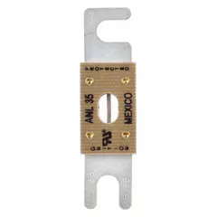 Bolt-on, fast-acting fuse rated 35 A and 80 V DC. Features visual blown-fuse indication. Suitable for AC/DC circuits in industrial equipment such as forklifts and battery-powered systems. Part of the ANL series, equivalent to ANL and CNL series.
