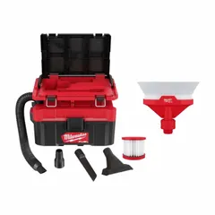 This MILWAUKEE shop vacuum features a 2-1/2 gallon plastic tank for wet or dry debris collection. It includes a 6-foot hose with a 1-inch diameter and bagless operation for easy disposal. Suitable for cleaning dust, dirt, and spills in workshops and maintenance areas.
