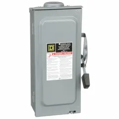 This SQUARE D fusible safety switch is rated for 60 A, single-phase, 240V AC applications. The galvanized steel enclosure allows for indoor or outdoor installation. It serves as a disconnecting means for electrical circuits, enabling safe maintenance or emergency shutdown.