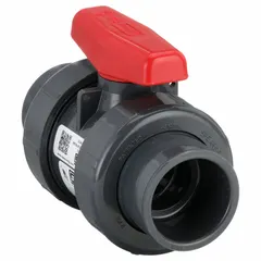 PVC straight ball valve with socket x FNPT connections and full port ball port in a tee configuration. Used for on/off flow control in industrial piping systems handling water, chemicals, or air. Corrosion-resistant PVC construction suitable for chemical processing, water treatment, and irrigation applications.