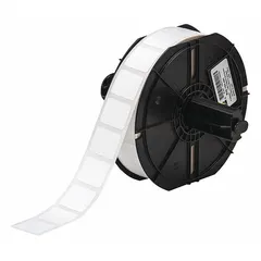 Precut label roll for use with BBP33 printer series, requiring B30-R6400 ribbon. Labels are 3/4 in x 29/32 in, made of white autoclavable polyester, rated for -112°F to 266°F. Suitable for applications needing sterilization resistance, such as laboratory and industrial asset labeling.