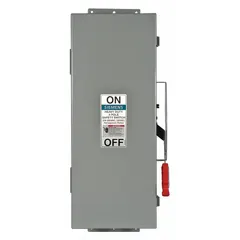 Non-fusible safety switch rated 30 A, three-phase, 600V AC. Galvanized steel enclosure for indoor use. Used for disconnecting electrical power in industrial and commercial circuits during maintenance or emergency shutdown.