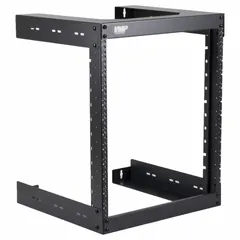 This open-frame server rack from VIDEO MOUNT PRODUCTS is designed for wall mounting and accommodates 12 rack units of 19-inch equipment. Constructed from steel, it measures 24 7/8 inches wide, 19 5/8 inches deep, and 18 inches high. The open back facilitates cable management and airflow in network closets, server rooms, or industrial control cabinets.