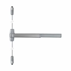 Aluminum surface vertical rod push bar with lever trim and touchbar actuation. Gray finish. Suitable for commercial door egress applications in high-traffic openings. Not ligature-resistant.