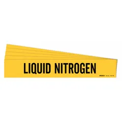 Yellow adhesive pipe marker with black legend reading 'Liquid Nitrogen'. Designed for pipes with outer diameter of 8 inches and larger. Pack of 5 markers without directional arrows. Used to identify liquid nitrogen piping in industrial facilities.