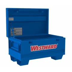 This chest-style jobsite box provides 5 cubic feet of storage capacity for tools and equipment. It measures 32 inches wide by 19 7/16 inches deep by 17 13/16 inches high and features a recessed padlock hasp for securing the lid. The blue finish is suited for use on construction sites and other work environments.