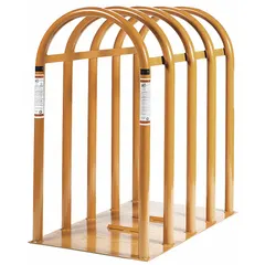 5-bar safety cage for inflating super wide-base truck tires. Weighs 211 lb with an overall height of 41 1/2 in. Provides a secure enclosure to contain tire fragments in case of rupture during inflation. Suitable for use in commercial tire shops and fleet maintenance facilities.