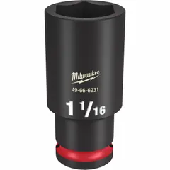 This 1/2" drive impact socket features a 1-1/16" SAE 6-point deep design with a friction ring for secure retention on impact tools. The black phosphate finish provides corrosion resistance. Suitable for fastening and loosening nuts and bolts in automotive, construction, and industrial applications requiring high torque and access to recessed fasteners.