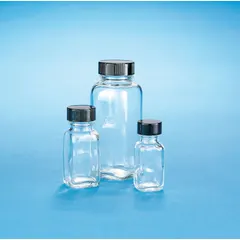 Rectangular glass bottle with a colorless, clear body and a 48-400 mm screw closure. Features a phenolic cap with LDPE/PTFE liner for inert sealing. Not graduated and not pre-cleaned. Suitable for collecting, storing, and transporting liquid samples in laboratory and industrial settings.