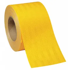 Yellow reflective tape with acrylic adhesive, 2 inches wide by 12 inches long, supplied in a 100-pack. Designed for use on trailers and other vehicles to enhance visibility and safety. Suitable for marking applications on commercial fleet vehicles.