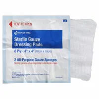 FIRST AID ONLY Gauze Pad: 4 in Dressing Lg, 4 in Dressing Wd, Gauze, Sterile, 2 PK (MPN 3-014)