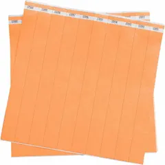 Tyvek security wristband in orange, 10 inches overall length and 1 inch overall width. Blank surface for custom marking. Pack of 500. Suitable for temporary identification and access control at events, hospitals, or industrial sites.