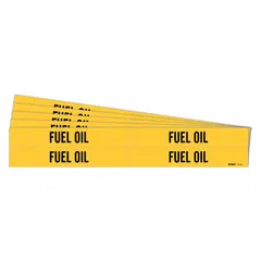 Yellow adhesive pipe marker with black 'Fuel Oil' legend, designed for pipes with outer diameters from 3/4 to 2-3/8 inches. Each pack contains 4 markers without arrows, supplied in a 5-pack configuration. Used to identify pipes carrying fuel oil in industrial and commercial facilities.