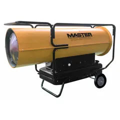 This direct-fired portable torpedo heater is designed for temporary or supplemental heating in large spaces such as warehouses, construction sites, and workshops. It provides a heating area of 16,250 sq ft and operates on oil or kerosene fuel. The unit features wheeled mounting for easy repositioning.