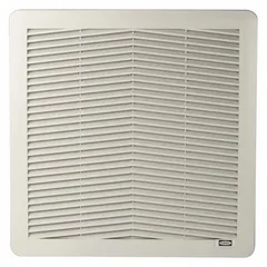 Standard square axial fan with polyamide blade and polybutylene terephthalate housing. Height 8 11/16 in, depth 5 13/16 in. Delivers 159 cfm airflow at 0.000 in static pressure. Terminals, IP43 rating. Suitable for cooling and ventilating electrical enclosures and control panels.
