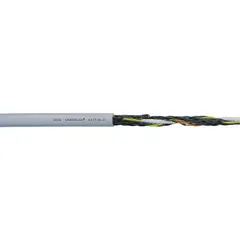 CHAINFLEX CF77-UL continuous flexing control cable with 25 conductors of 16 AWG single copper wire, black with white numbers, and a PUR jacket. Rated 1000 V, includes ground conductor, and meets cRUus standards. Suitable for automated machinery, robotics, and cable carrier applications requiring notch resistance and flexing.