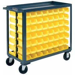 Steel bin cart with lipped shelves, 42 1/2 in L x 18 1/2 in W x 38 in H, gray finish. Includes 112 yellow bins across two shelves. Equipped with (2) rigid casters. Used for organizing and transporting small parts in industrial settings.
