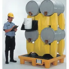 This polyethylene shelf is designed for use with modular drum dispensing racks. It provides a chemical-resistant surface for secondary containment and storage of drums in industrial facilities, helping to organize dispensing areas and manage spills.