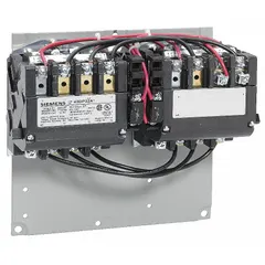 This Siemens reversing NEMA magnetic contactor controls motor direction for three-phase motors in forward and reverse operation. It features 3 poles, NEMA Size 1, 27 A continuous current rating, and a 240V AC coil. Typical applications include conveyors, hoists, and pumps requiring motor reversing.