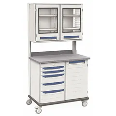 This mobile workstation features a taupe polymer cabinet and a white polymer drawer. It is equipped with two swivel casters and two swivel casters with brakes for mobility and stability. Designed for organizing and transporting medical instruments and supplies in healthcare settings.
