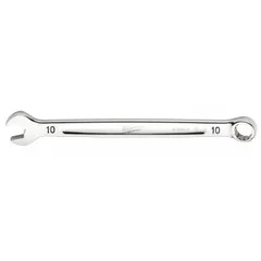 This chrome-finished combination wrench features a 12-point box end and an open end for turning metric fasteners. With a 10 mm head size and 6 1/8 in overall length, it is suited for automotive, machinery, and industrial applications.