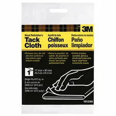 Single-ply polyester tack cloth, white, measuring 17 inches by 36 inches. Designed for surface preparation on wood before the first coating and between coats. Removes dust and debris to promote adhesion and improve finish appearance.