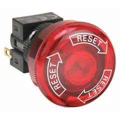 Illuminated mushroom-head push button with maintained action, 1NC contact, and non-metallic actuator. 16 mm panel cutout, solder terminal connection. Suitable for emergency stop and industrial control applications requiring a maintained switch function.